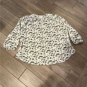 Women’s White Floral Blouse with Olive Green Print